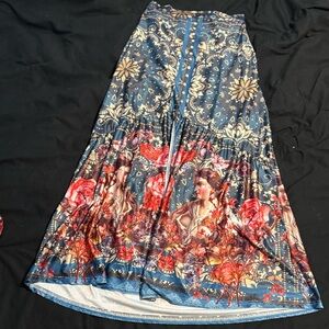 💕 Bohemian Blue Floral Maxi Skirt with Portrait Motif 💕 SALE 3 for $30!